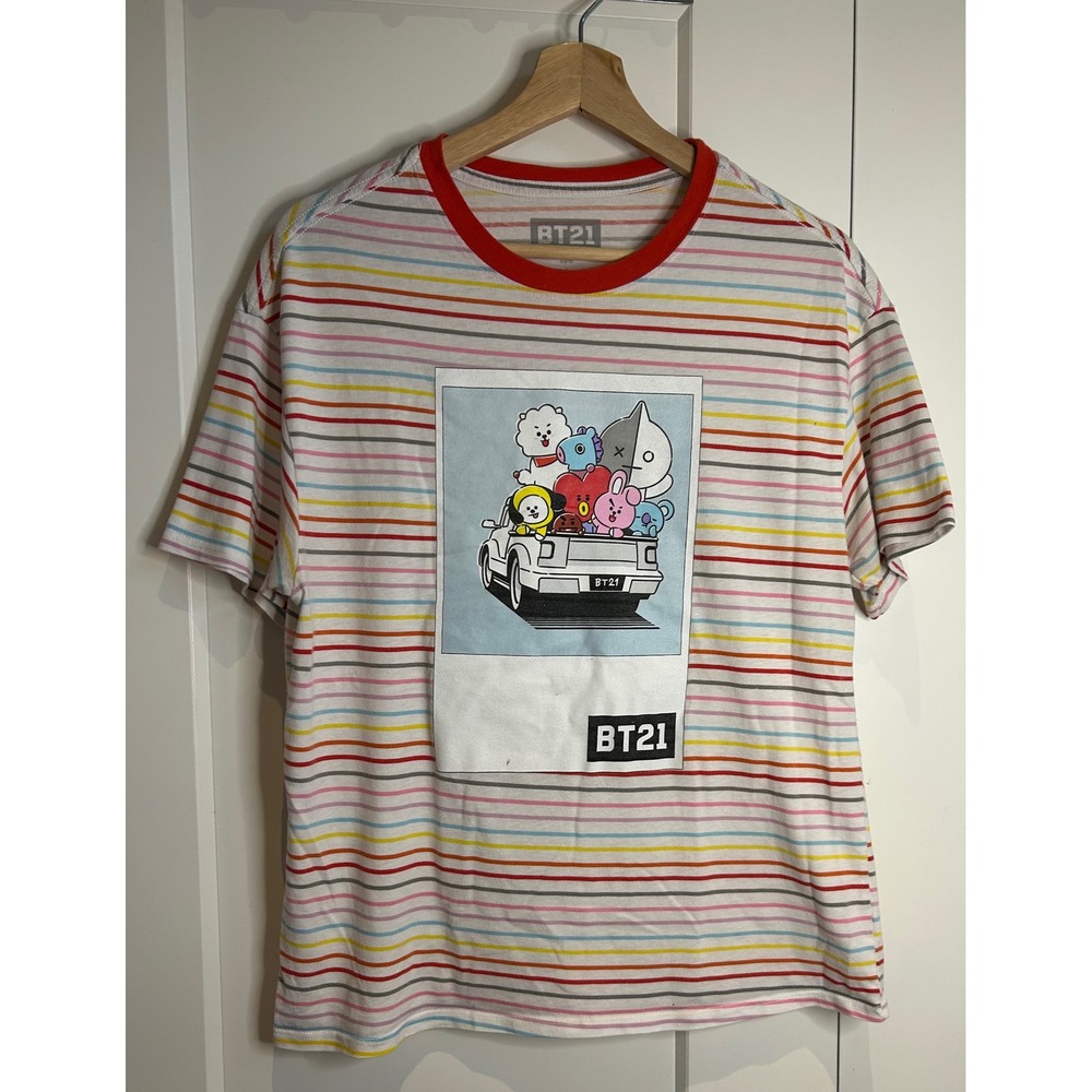 BT21 BTS Line Friends Striped Graphic T-Shirt White Red Multi Color Women Medium